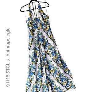 ANTHROPOLOGIE x 9-H15 STCL FLORAL SORAYA MAXI HALTER LINEN BLEND BLUE WHITE 12P